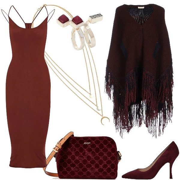 Outfit donna - Vestito longuette. Stile Sexy per Serata fuori. Abbinamento con vestito longuette a tubino interno sfoderato in cotone jersey, mantella senza tasche lavorato a maglia interno sfoderato tinta unita, anello argento, décolleté, borsa a spalla, ciondoli.