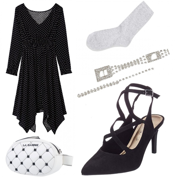 Outfit donna - Il mio outfit Giambattista Valli. Stile Sexy per Tutti i giorni. Abbinamento con borsa, cintura con strass argento, vestito, scarpe col tacco, calzino.