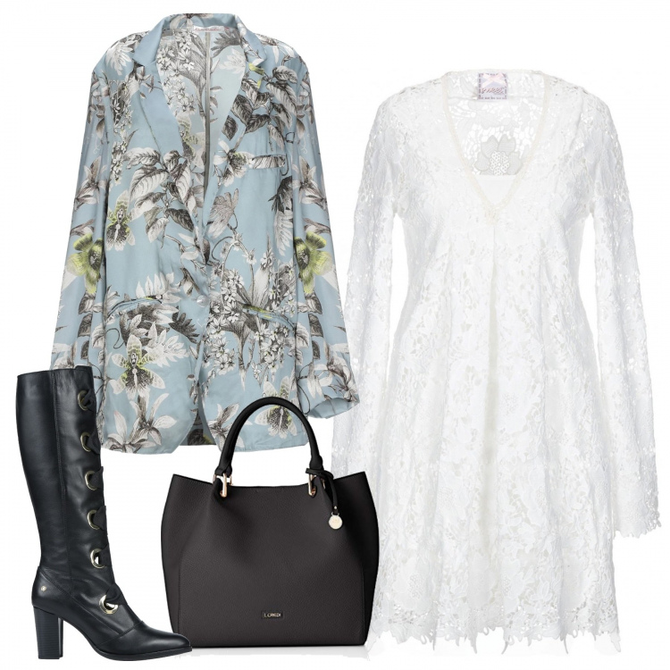 Outfit donna - Inspo Giambattista Valli. Stile Chic per Serata fuori. Abbinamento con vestito corto, stivali, giacca, borsa a spalla nero.