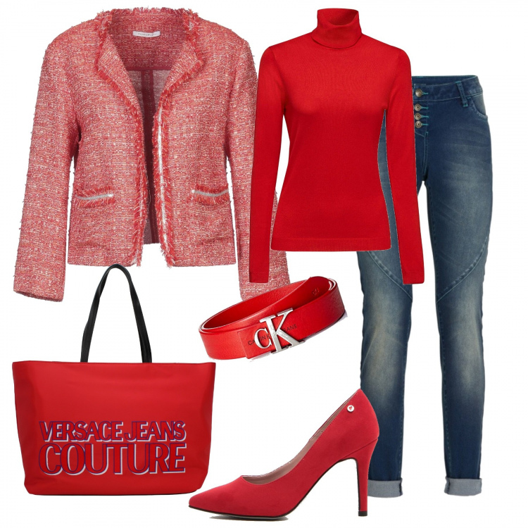 Outfit donna - Jeans décolleté e dolcevita. Stile Urban per Tutti i giorni. Abbinamento con jeans boyfriend, giacca, borse a spalla, pullovers, décolleté, cintura in pelle rosso.