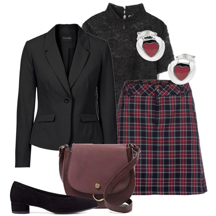 Outfit donna - La mini tartan. Stile Trendy per Tutti i giorni. Abbinamento con blazer, maglieria, t-shirt con pizzo tinta unita nero, orecchini, scarpa col tacco, borsa a tracolla rosso.