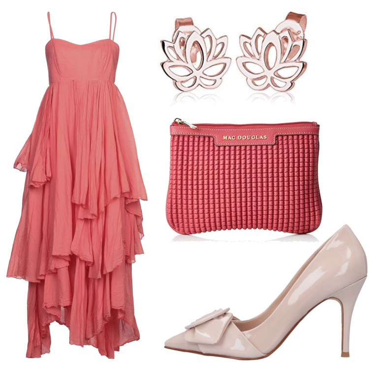 Outfit donna - Inspo Giambattista Valli. Stile Chic per Cerimonia. Abbinamento con vestiti midi/longuette, décolleté, pochette rosa, orecchini.