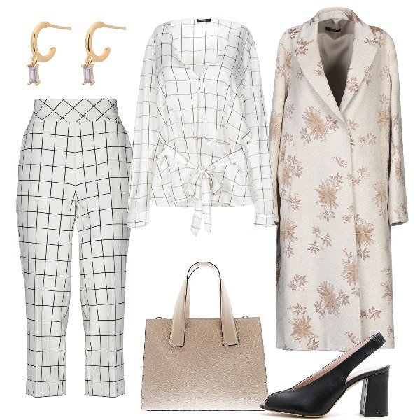 Outfit donna - Inspo Giambattista Valli S/S 2020. Stile Chic per Ufficio. Abbinamento con cappotto fantasia floreale collo con revers a maniche lunghe interno foderato in flanella jacquard, camicia, pantaloni, orecchini, décolleté, borse a spalla.