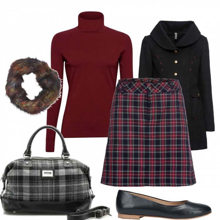 Outfit donna - Gonna e borsa tartan. Stile Trendy per Tutti i giorni. Abbinamento con maglieria, cappotto, ballerine interno foderato con punta tonda in pelle sintetica tinta unita, borsa grigio, sciarpa multicolore, t-shirt.