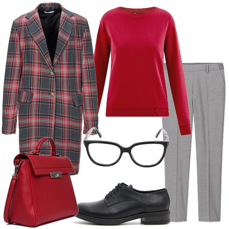 Outfit donna - Tartan in ufficio. Stile Trendy per Ufficio. Abbinamento con soprabito fantasia collo con revers a maniche lunghe interno foderato monopetto, felpe, pantalone con fasce e bottoni, borsa a tracolla, scarpe stringate, occhiali da sole effetto lucido unisex-adulto nero.