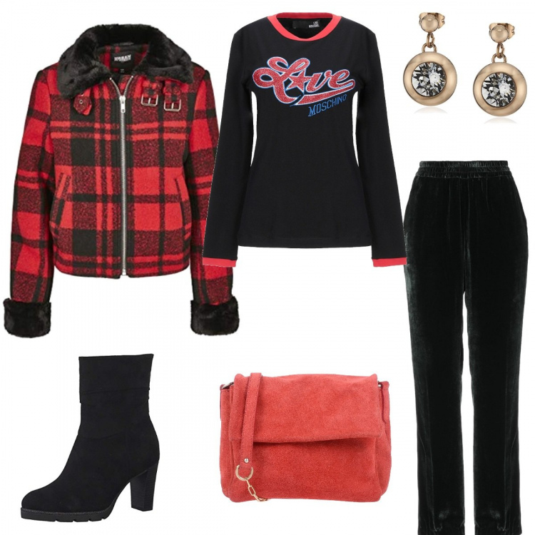 Outfit donna - Basic #1286. Stile Basic per Tutti i giorni. Abbinamento con pantaloni, t-shirt, borsa messenger, blazer, stivaletti, orecchini.