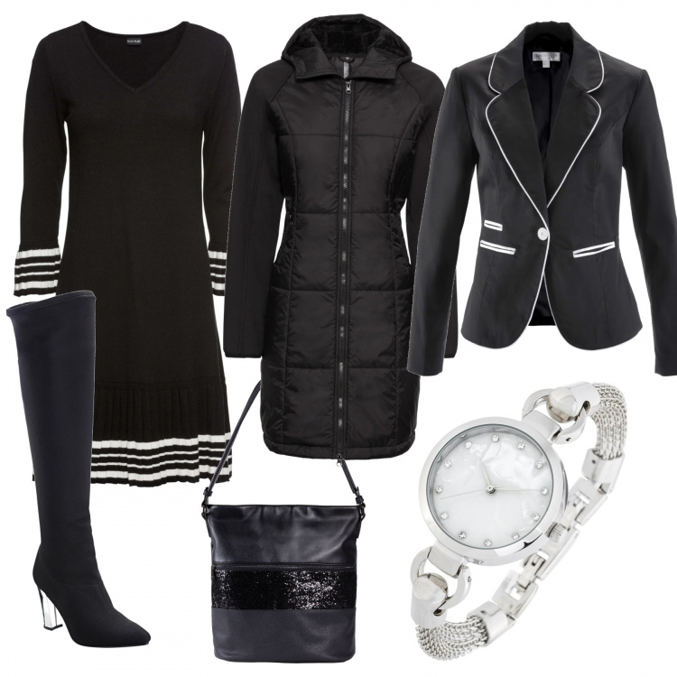 Outfit donna - Saldi invernali Bonprix. Stile Trendy per Ufficio. Abbinamento con vestiti, giubbotto manica raglan con cappuccio e zip nero, blazer, stivali, orologio, borsa.