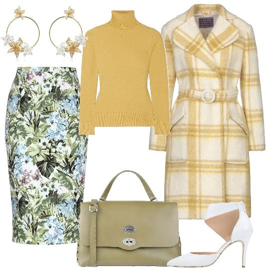 Outfit donna - Mellow Yellow. Stile Chic per Ufficio. Abbinamento con pullovers, décolleté, gonna longuette, cappotto, borse a mano, orecchini.