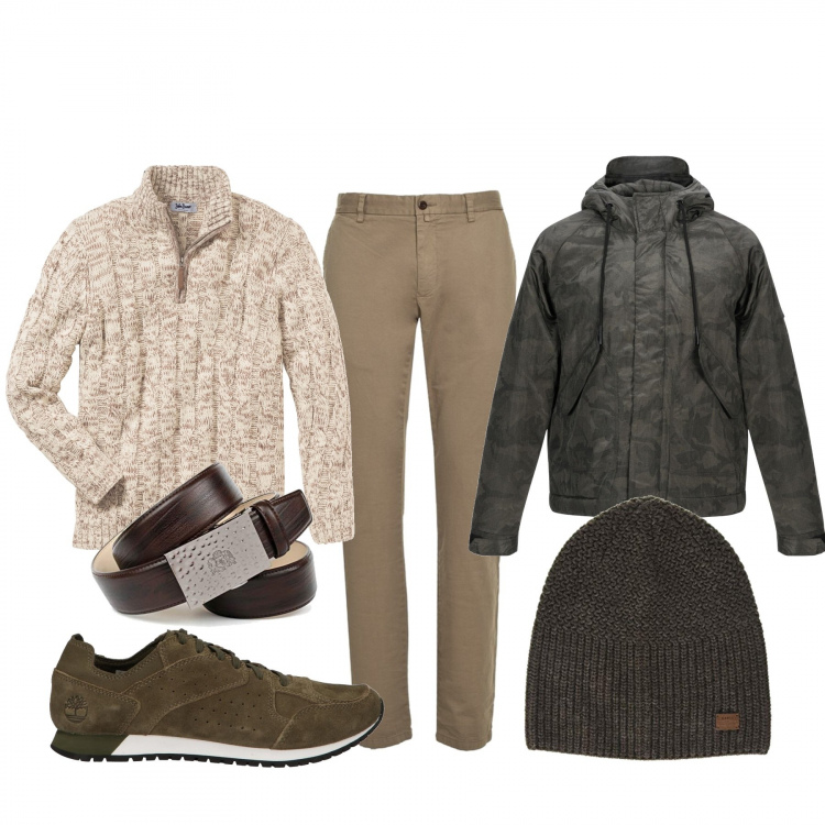 Outfit uomo - Non temo il freddo. Stile Casual per Tutti i giorni. Abbinamento con maglieria, cappotti, sneakers verde, berretti, pantalone lungo, cintura.