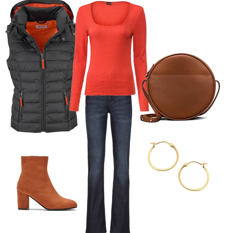 Outfit femme - Style urbain. Style Urban pour Tous les jours. look idéal pour Petite. Assortir avec jean bootcut, t-shirt, vestes, blazers et manteaux, bottines, sacs à l'épaule, boucles d'oreilles.