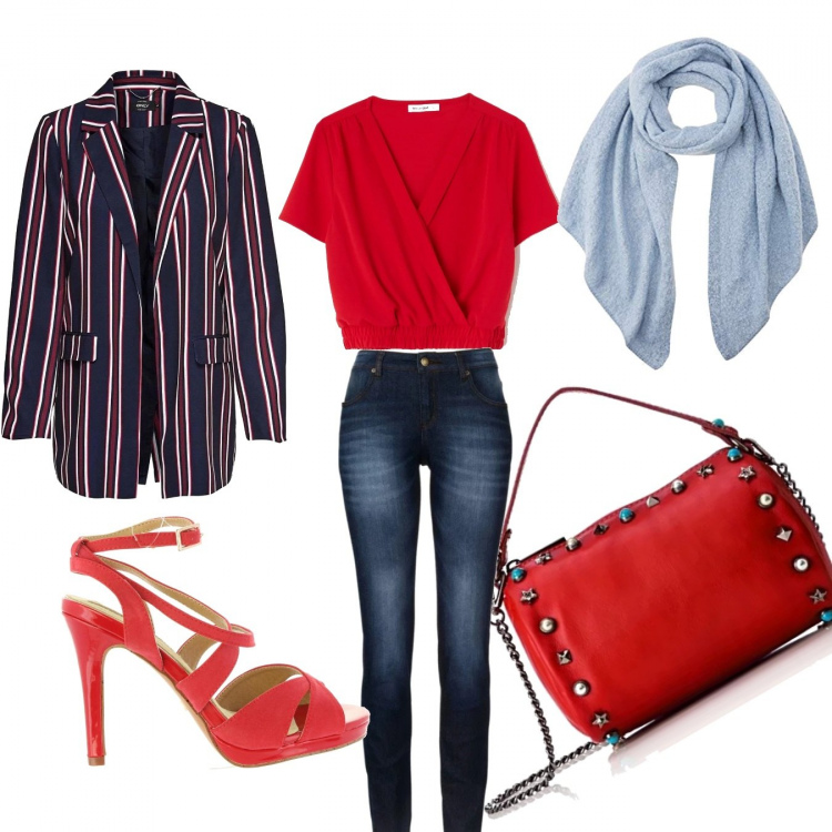 Outfit donna - Chic #1306. Stile Chic per Tutti i giorni. Abbinamento con jeans skinny, blusa, blazer, sandali, borsa a mano rosso, sciarpe.