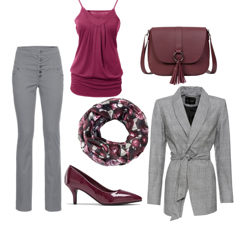 Outfit donna - Eleganza per l\'ufficio. Stile Trendy per Ufficio. Abbinamento con top, pantaloni skinny, blazer con cintura nero, sciarpina, décolleté, borsa a tracolla sport rosso.