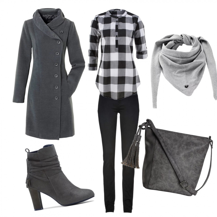 Outfit donna - Casual chic. Stile Trendy per Tutti i giorni. Abbinamento con cappotti, jeans skinny, bluse, stivaletti, borsa a tracolla con nappine grigio, foulard.