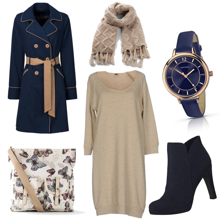 Outfit donna - Romantica. Stile Chic per Tutti i giorni. Abbinamento con trench, borse a tracolla, sciarpa, vestito corto, stivaletti, orologi analogici.