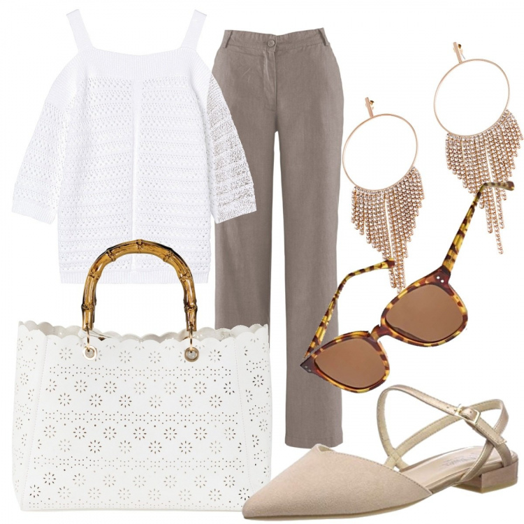 Outfit donna - Picnic over. Stile Trendy per Tutti i giorni. Abbinamento con pantaloni, borse a mano, orecchini, felpe, montatura occhiali con zip unisex-adulto beige, scarpe col tacco.