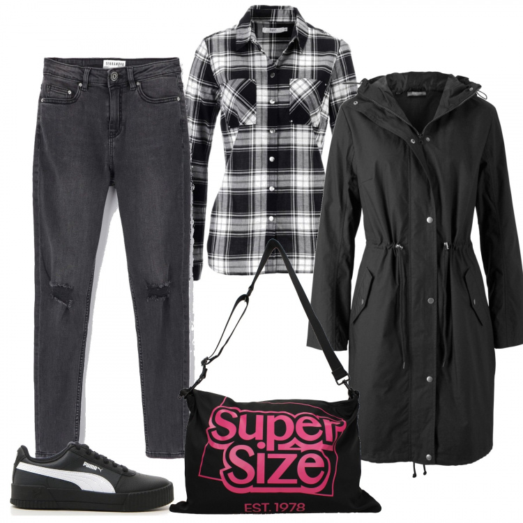 Outfit donna - Camicia Tartan. Stile Urban per Tutti i giorni. Abbinamento con camicie, parka, jeggings, borse a spalla, sneakers.