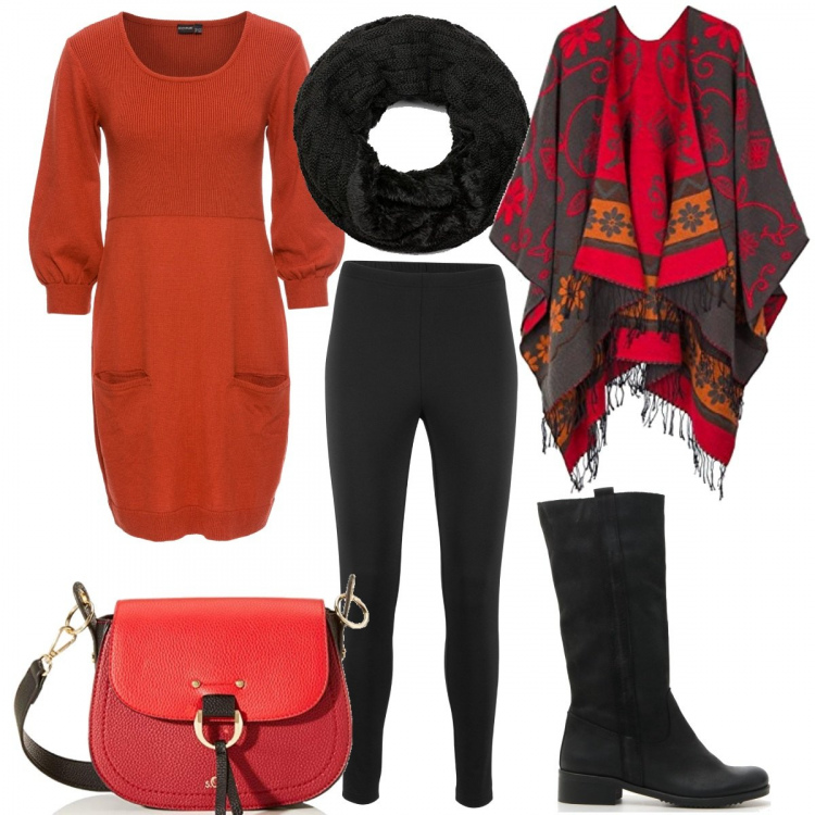 Outfit donna - Plus size in rosso carminio. Stile Basic per Scuola/Università. Abbinamento con leggings, bluse, stivali e anfibi, poncio, borse a tracolla, sciarpa.