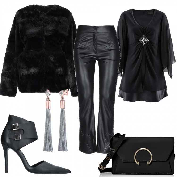 Outfit donna - Femminile in total black. Stile Urban per Tutti i giorni. Abbinamento con tuniche, ecopelliccia, pantalone lungo, décolleté, shopping bag con fibbia nero, orecchini.