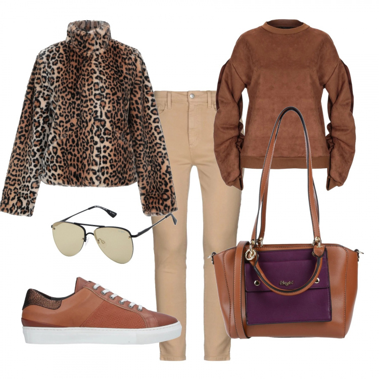 Outfit donna - Caldo inverno. Stile Urban per Ufficio. Abbinamento con felpa senza tasche con ruches collo tondo a maniche lunghe tinta unita, sneakers tennis, borsa a mano fantasia in pelle martellata taglia media con zip interno foderato con tracolla removibile, ecopellicce, jeans slim fit, occhiali da sole.