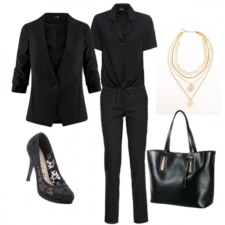 Outfit donna - Un lunedì (in) nero.. Stile Basic per Ufficio. Abbinamento con pantaloni, camicia a maniche corte, shopping bag, décolleté, collane, blazer aderente nero.