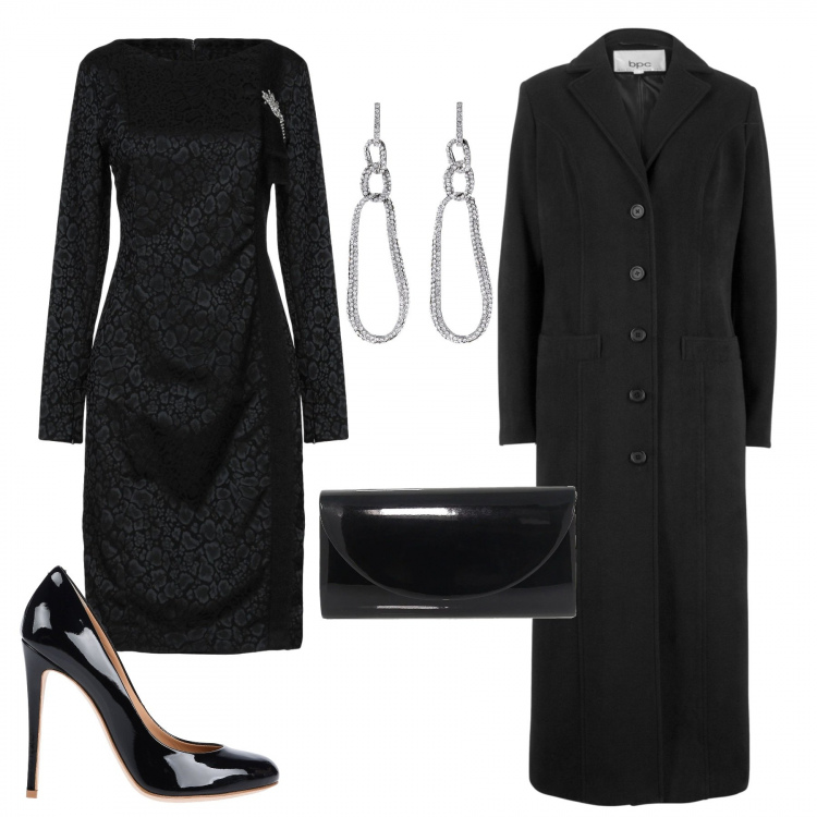 Outfit donna - Abito longuette. Stile Chic per Serata fuori. Abbinamento con cappotti, vestiti midi/longuette, décolleté, orecchini, pochette.
