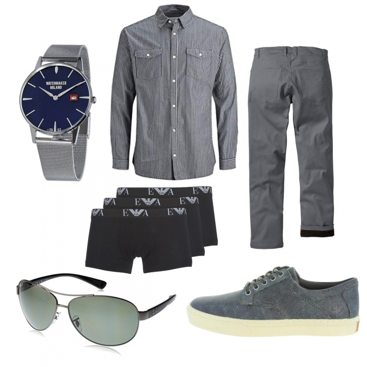 Outfit uomo - Cocktail Gentleman. Stile Trendy per Tutti i giorni. Abbinamento con pantaloni, boxer, scarpa sportiva, occhiali da sole, blazer, orologio.