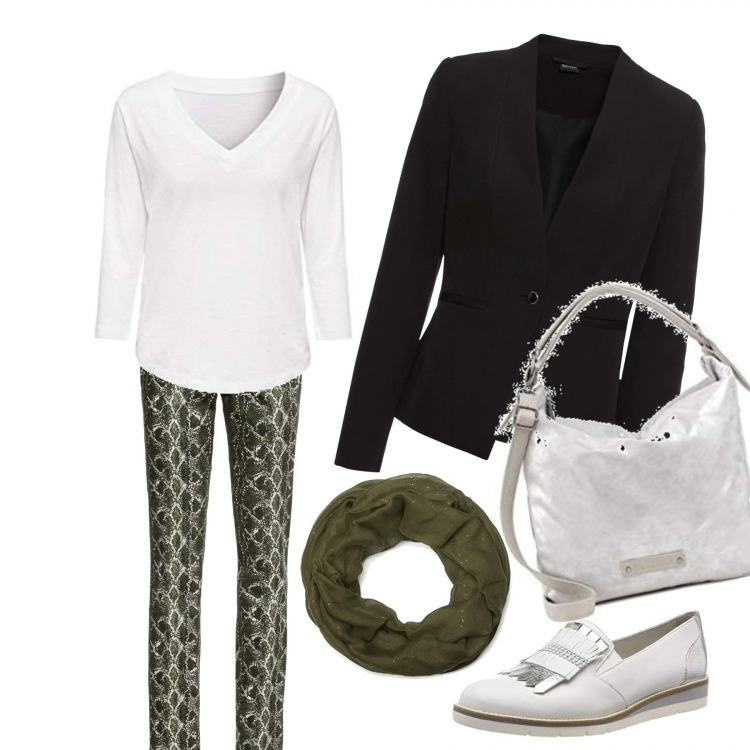Outfit femme - Chic au travail. Style Basique pour Bureau. Assortir avec blazers, pantalone, mocassins et chaussures à lacets, t-shirt bianco, sacs en bandoulière, foulards et écharpes oliva.