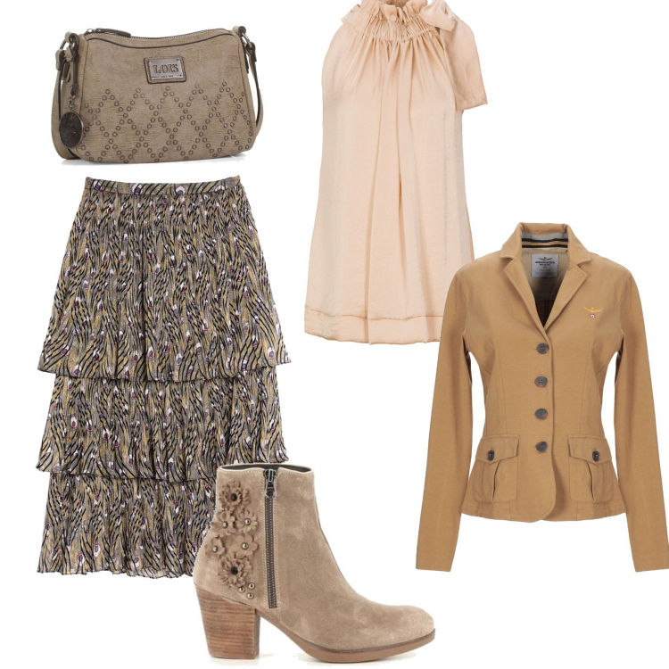 Outfit mujer - Romantic Country. Estilo Étnico para Todos los días. Combinación con botines beige, borsa a tracolla, falda longuette, giacca stile militare jersey, top.