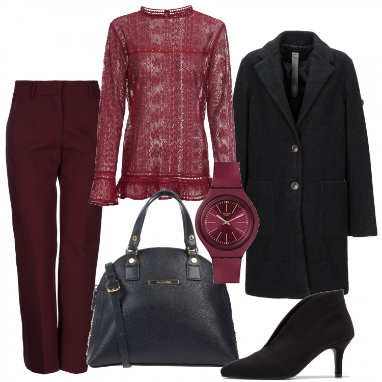 Outfit donna - Oggi faccio il continuato. Stile Trendy per Ufficio. Abbinamento con borsa a mano con borchie taglia media con zip interno foderato in pelle sintetica tinta unita, cappotto collo con revers a maniche lunghe interno foderato in flanella tinta unita, pantaloni, zaini, tuniche, orologio analogico con cinturino rosso.