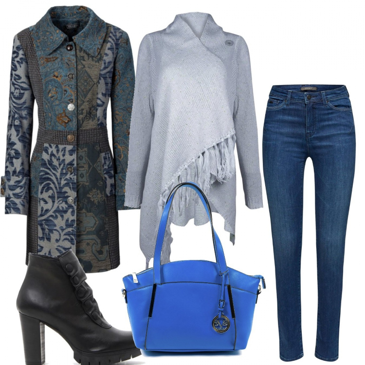 Outfit donna - Urban #1303. Stile Urban per Tutti i giorni. Abbinamento con cappotti, poncio, jeans skinny, borse a mano, stivaletti.
