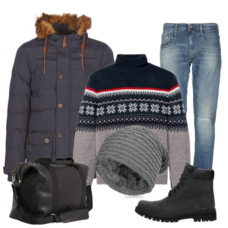 Outfit uomo - In partenza per la Russia. Stile Trendy per Tutti i giorni. Abbinamento con maglieria, jeans, stivaletti, piumino grigio, cappello beanie in in maglia, borse e zaini.