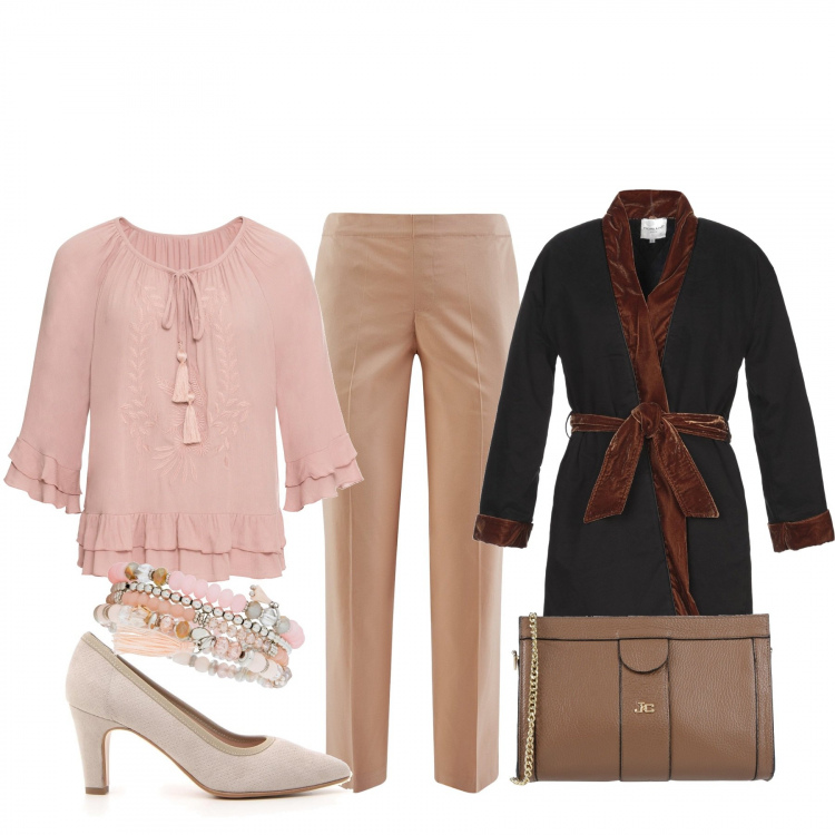 Outfit donna - Perfetta ogni giorno. Stile Trendy per Ufficio. Abbinamento con tuniche, braccialetti, borsa a mano, cappotto in gabardine, pantalone lungo, décolleté.