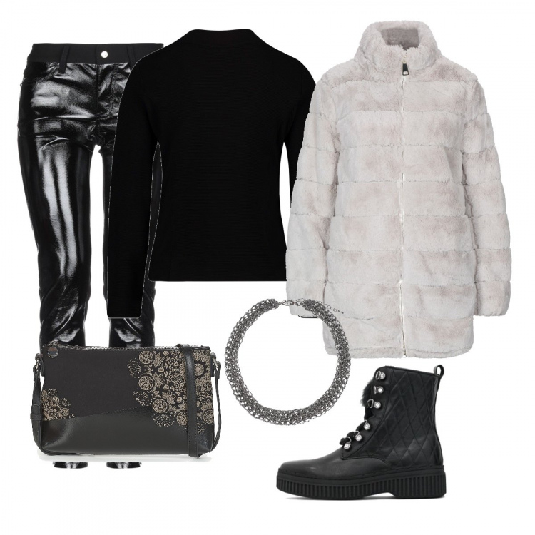 Outfit mujer - Total black. Estilo Sexy para Noche/Fiesta elegante. Combinación con maglioncino nero, botines, borsa a tracolla, ecopieles, pantalones, collana.