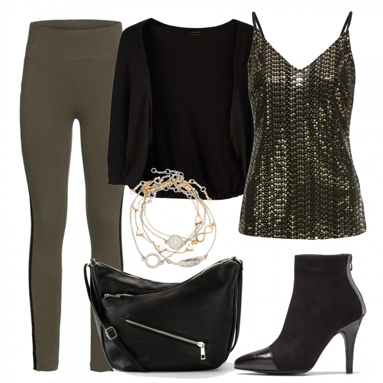 Outfit donna - Serata scintillante. Stile Sexy per Serata fuori. Abbinamento con vestiti midi/longuette, maglia con paillettes nero, top, stivaletti, braccialetti con ciondoli, borse a tracolla.