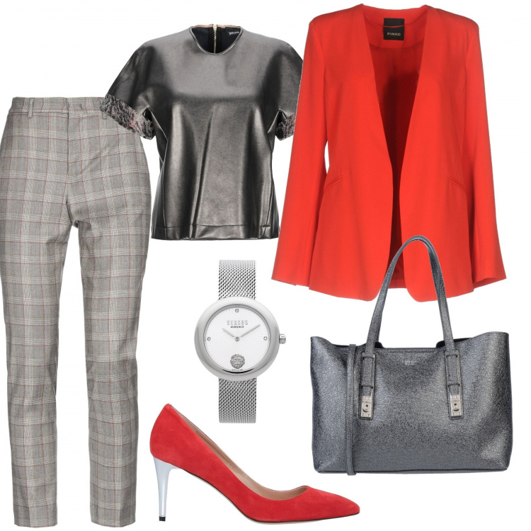 Outfit donna - Rosso a quadri. Stile Urban per Ufficio. Abbinamento con pantalone a sigaretta fantasia con zip in flanella con gancetto, borsa a mano, blazer, camicia a maniche corte, décolleté, orologi.