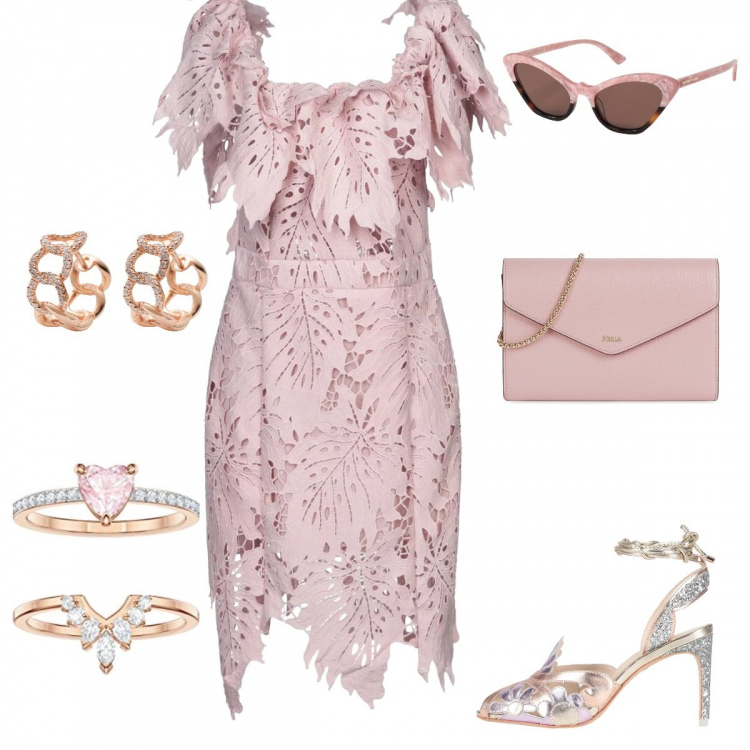 Outfit donna - Elegante by Giambattista Valli. Stile Chic per Cerimonia. Abbinamento con vestiti corti, sandali con tacco, occhiali da sole, orecchini, portafogli, anello con fasce in oro rosa multicolore e pastello.