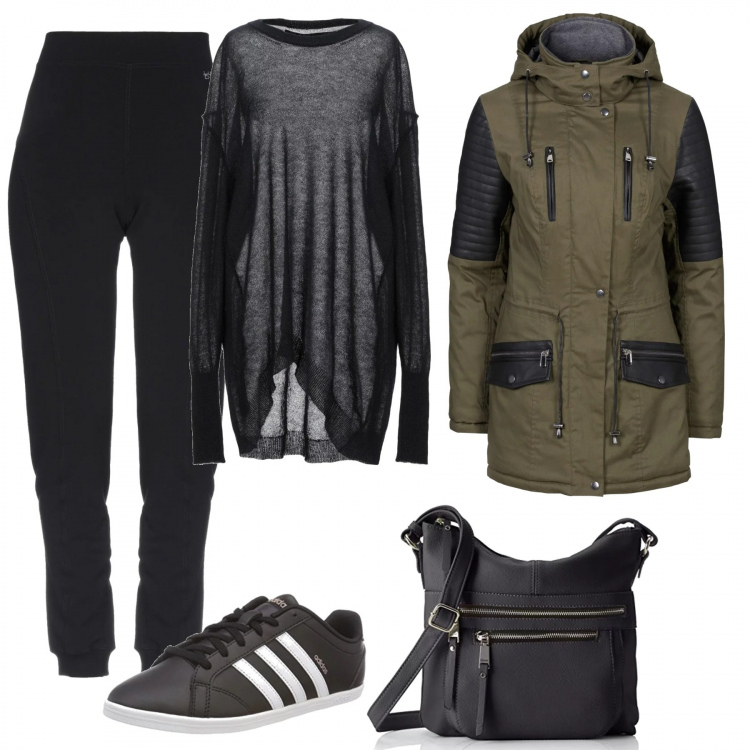 Outfit donna - Scarpe basse. Stile Urban per Tutti i giorni. Abbinamento con parka, pullover, pantalone lungo, borse a tracolla, scarpe in pelle sintetica nero.