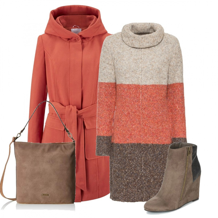 Outfit donna - Tra i banchi del mercato. Stile Basic per Tutti i giorni. Abbinamento con vestiti, tuniche, stivaletti, borsa a secchiello marrone.