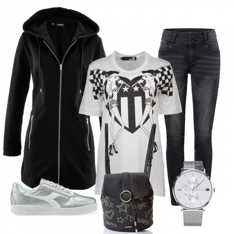 Outfit donna - Felpa e jeans. Stile Trendy per Tutti i giorni. Abbinamento con felpe sportive, sneakers effetto metallizzato argento, t-shirt, zaini, jeans, orologi.