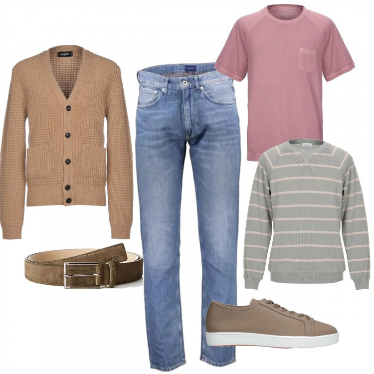 Outfit uomo - Simone. Stile Casual per Tutti i giorni. Abbinamento con t-shirt, pullover, cardigan, sneakers, cintura verde e nero, jeans.