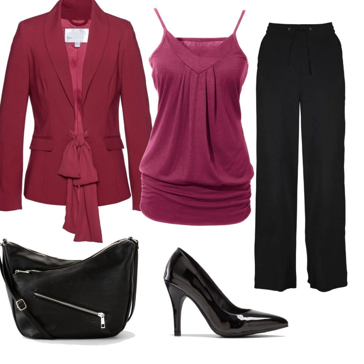 Outfit donna - Colloquio di lavoro. Stile Chic per Ufficio. Abbinamento con top, pantaloni a palazzo, blazer con fiocco rosso, décolleté, borse a tracolla.