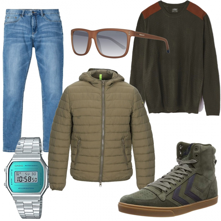 Outfit uomo - Casual ci piace. Stile Casual per Tutti i giorni. Abbinamento con jeans, piumini, maglione, occhiali da sole marrone, braccialetti, sneakers collo alto unisex-adulto verde e oliva.