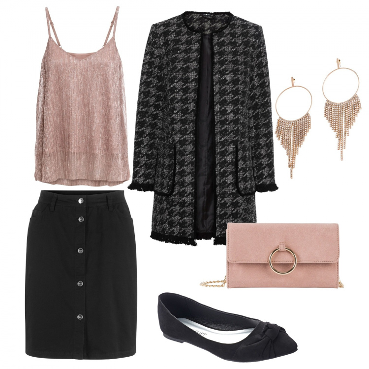 Outfit donna - Rosa professionale. Stile Trendy per Tutti i giorni. Abbinamento con cappotti, blazer, top, gonna nero, ballerine, orecchini.