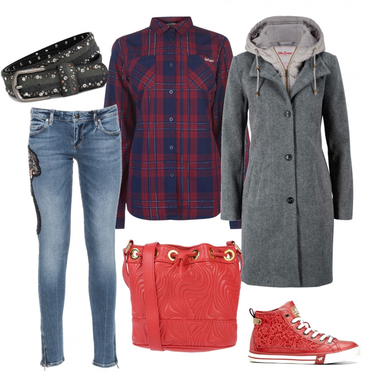 Outfit donna - Tartan in jeans. Stile Trendy per Tutti i giorni. Abbinamento con cappotti, sneakers, borsa a tracolla secchiello con coulisse interno foderato tinta unita, jeans skinny con ricamo vita bassa in denim, camicia, cintura con strass e borchie.
