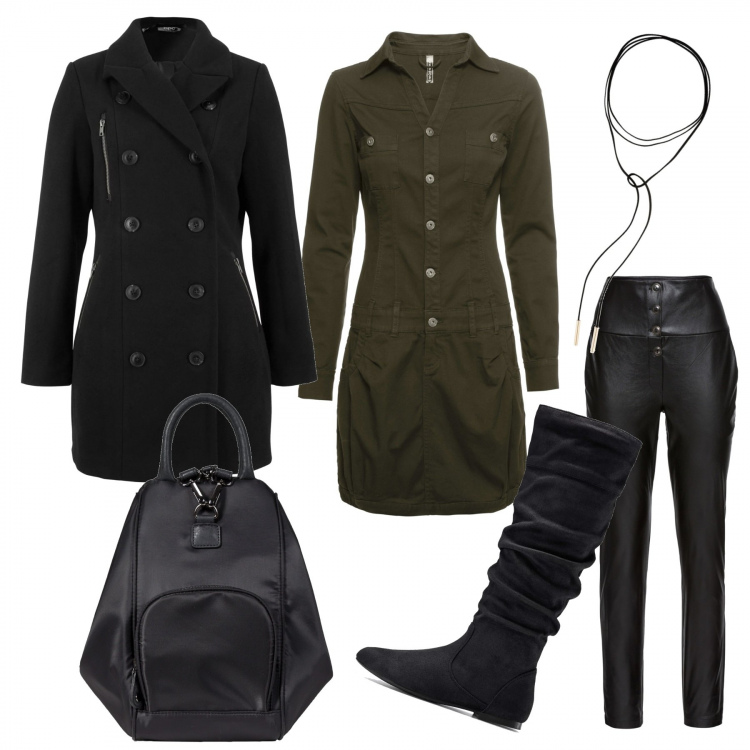 Outfit donna - Saldi Bonprix. Stile Urban per Tutti i giorni. Abbinamento con stivali, vestito con taschini e bottoni verde, gonne, trench, zaino, collana effetto scamosciato in pelle sintetica oro e nero.