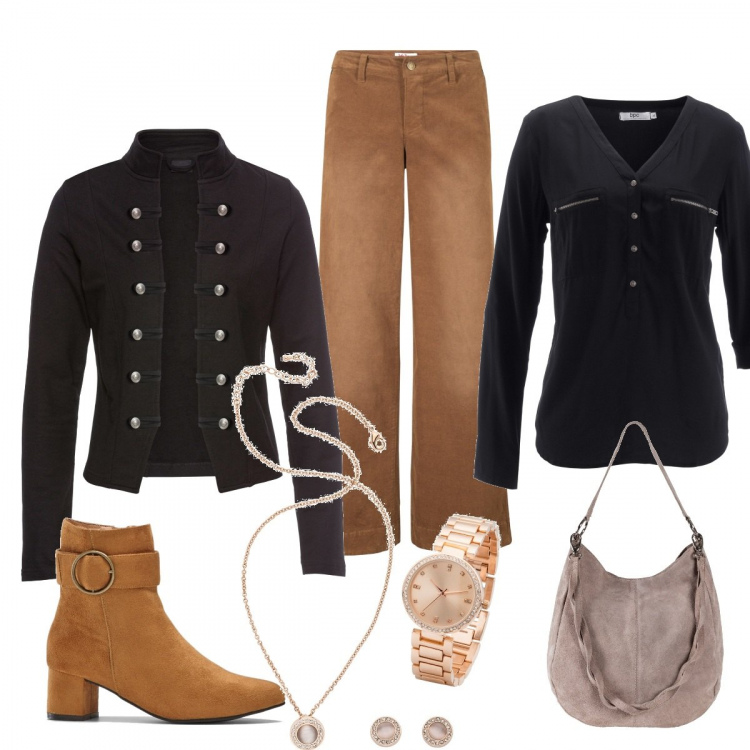 Outfit donna - Saldi Bon prix. Stile Urban per Tutti i giorni. Abbinamento con pantaloni, bluse, borse a mano, blazer, stivaletti, orecchini.