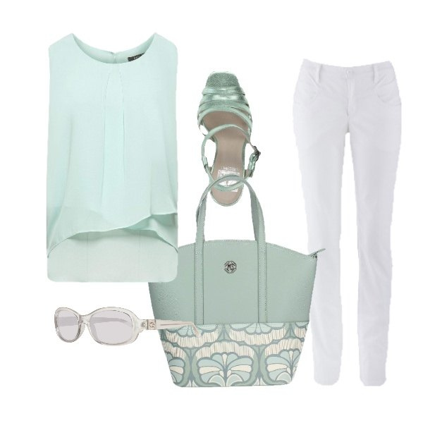Outfit donna - Laguna. Stile Bon Ton per Tutti i giorni. Abbinamento con pantaloni, sandali effetto laminato con tacco squadrato e fibbia con punta quadrata tinta unita, borsa a mano, camicia verde, occhiali da sole.