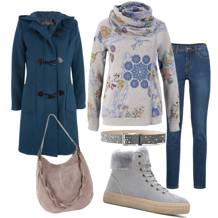 Outfit donna - Si parte in treno coi saldi Bon Prix. Stile Basic per Tutti i giorni. Abbinamento con montgomery, borse a mano, felpe, stivaletti, jeans skinny, cinture.