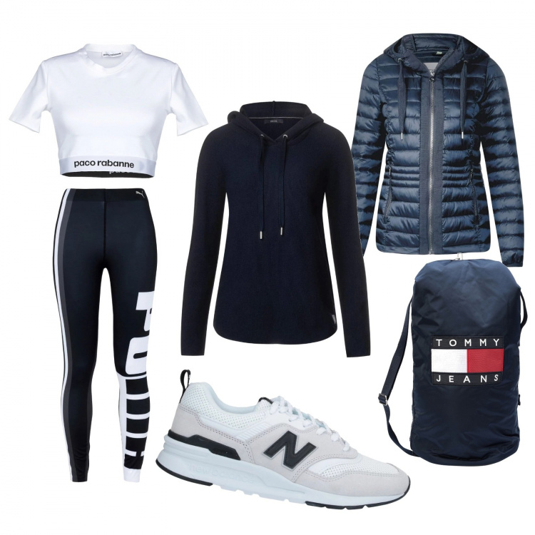Outfit mujer - Gym. Estilo Basic para Deporte. Combinación con blazers, maglioncino blu, sneakers multicolore, zaino maxi, leggings, top jersey.