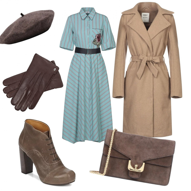 Outfit mujer - Look retro. Estilo Trendy para Todos los días. Combinación con guantes, botines, vestito taglia media, abrigos, sombreros, borsa a tracolla mini.